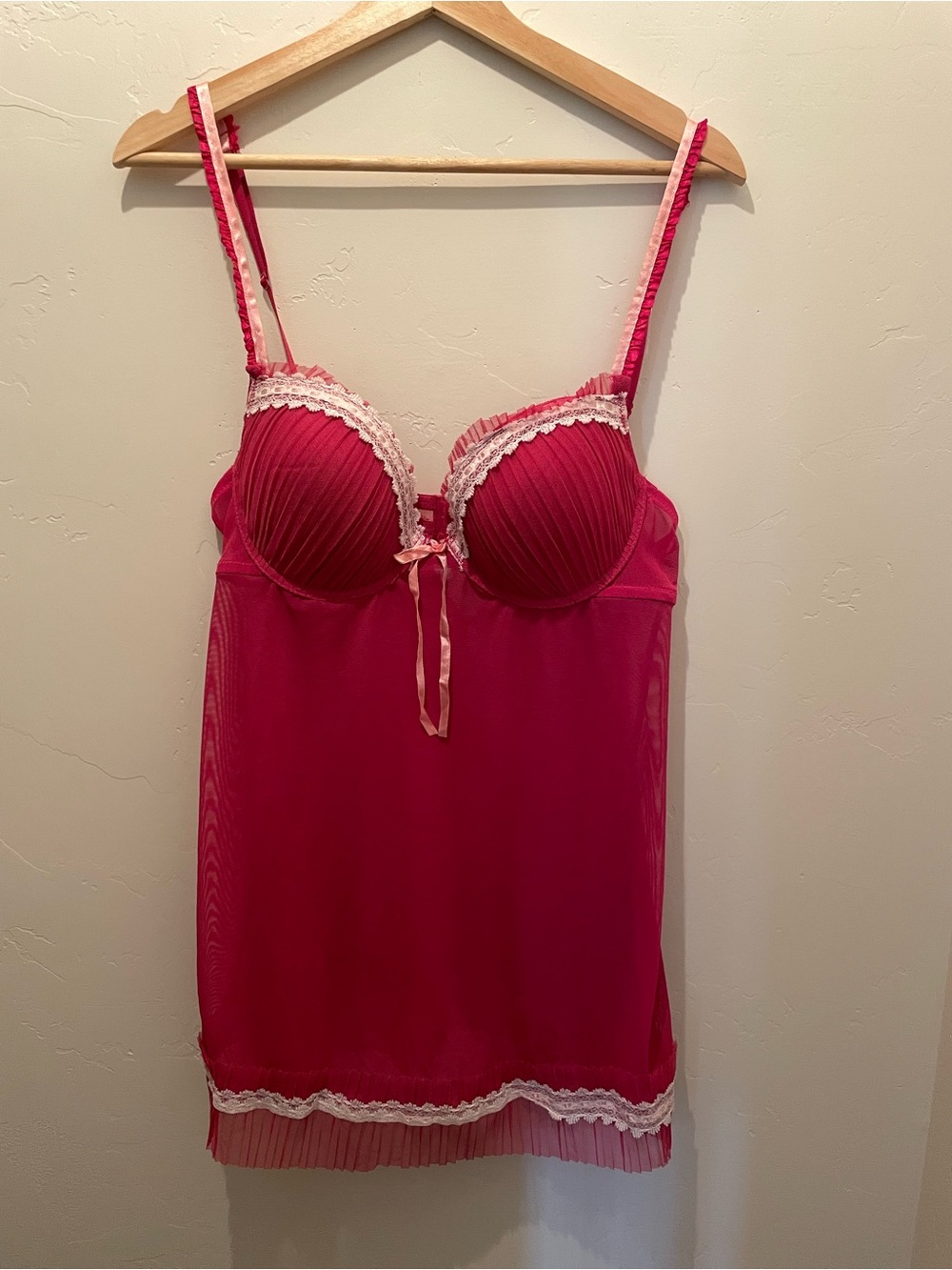 Fuchsia Lace-Trim Mesh Chemise with Bow Detail